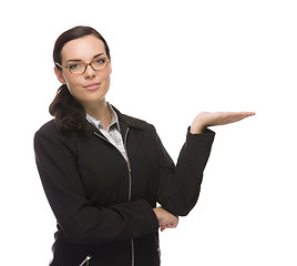 Image showing Confident Mixed Race Businesswoman Gesturing with Hand to the Si