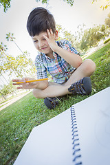 Image showing Frustrated Cute Young Boy Holding Pencil Sitting on the Grass