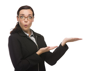 Image showing Surprised Mixed Race Businesswoman Gesturing with Hand to the Si