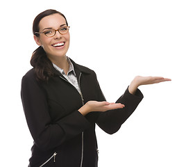 Image showing Confident Mixed Race Businesswoman Gesturing with Hand to the Si