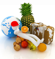 Image showing 3d man with citrus,earth and traveler's suitcase 