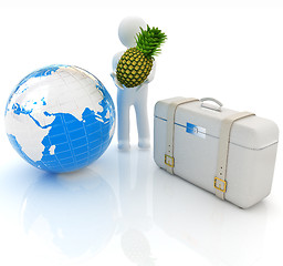 Image showing 3d man with pineapple,earth and traveler's suitcase 