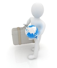 Image showing Leather suitcase for travel with 3d man and earth