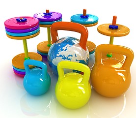 Image showing Colorful weights and dumbbells and earth. Global 