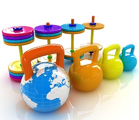 Image showing Colorful weights and dumbbells and earth. Global 