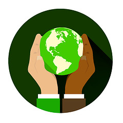 Image showing mix of two different races holding hands globe.