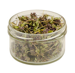 Image showing jar of eco healing dried thyme on white background 