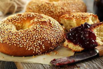 Image showing Homemade bagels close up.