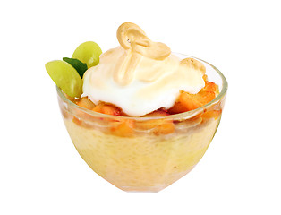 Image showing A glass bowl of rice pudding