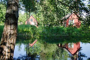 Image showing two village home reflection pond and green birch  