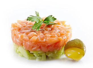 Image showing fresh salmon and cucumber tartare