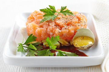 Image showing fresh salmon and cucumber tartare