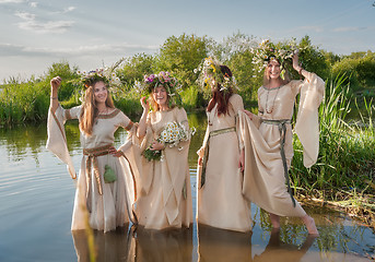 Image showing Beautiful women with flower wreath in water