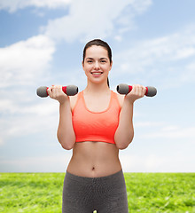 Image showing young sporty woman with light dumbbells