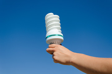 Image showing hand hold ecology save bulb on blue sky background 