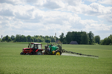 Image showing tractor spray green crop field in summer 