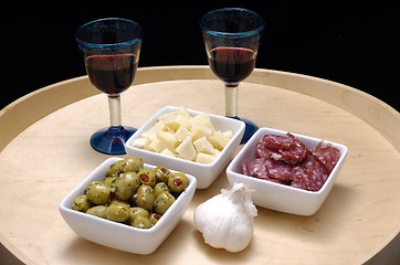 Image showing Tapas and red wine