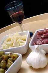 Image showing Tapas and red wine