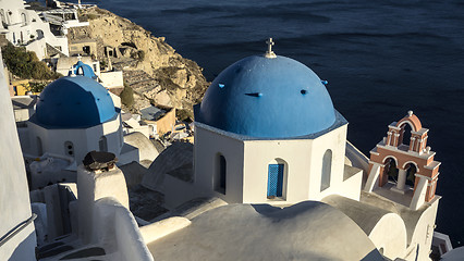 Image showing Blue and white church of Oia village ,Santorini