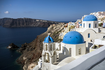 Image showing Blue and white church of Oia village ,Santorini
