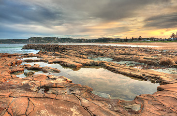 Image showing North Avoca rock pools at sunset