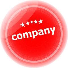 Image showing company word on red stickers button, label