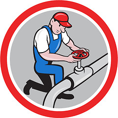 Image showing Plumber Pipe Worker Turning on Flow Circle Cartoon