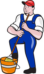 Image showing Janitor Cleaner Holding Mop Bucket Cartoon