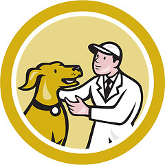 Image showing Veterinarian Vet Kneeling Beside Pet Dog Circle Cartoon