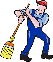 Image showing Janitor Cleaner Sweeping Broom Cartoon