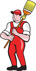 Image showing Janitor Cleaner Holding Broom Standing Cartoon