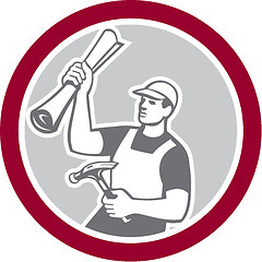 Image showing Builder Carpenter Holding Hammer Building Plan Retro