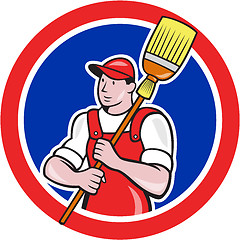 Image showing Janitor Cleaner Holding Broom Circle Cartoon