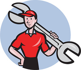 Image showing Mechanic Hold Spanner On Shoulder Circle Cartoon