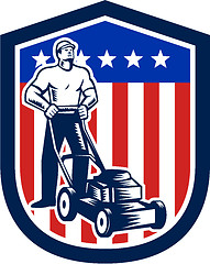 Image showing Gardener Mowing Lawn Mower Flag Retro