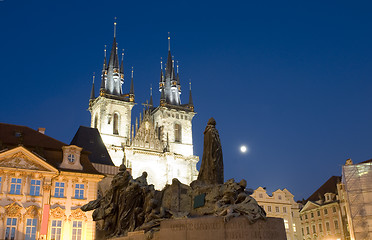 Image showing Tyn Church and statue monument of Jan Hus at night Old Town Square Prague Czech Republic