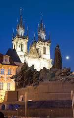 Image showing Tyn Church and statue monument Jan Hus at night Old Town Square 