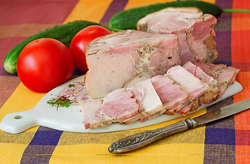 Image showing Smoked pork and vegetables on a white plate