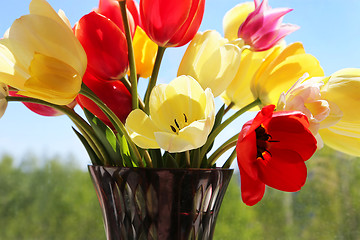 Image showing Bouquet of colorful spring tulips in a vase