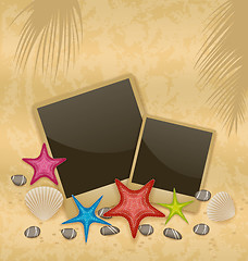 Image showing Sand background with photo frames, starfishes, pebble stones, se