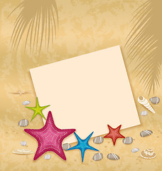 Image showing Sand background with paper card, starfishes, pebble stones, seas