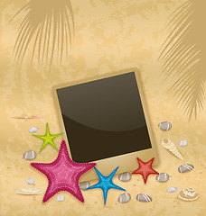 Image showing Vintage background with photo frame, starfishes, pebble stones, 