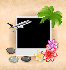 Image showing Photo frame with plane, palm, flowers, sea pebbles