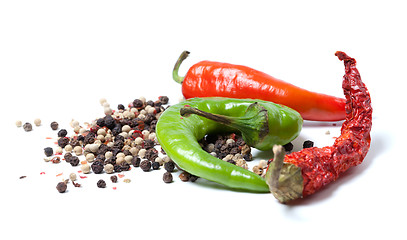 Image showing Mix of hot peppers on white background