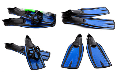 Image showing Set of blue swim fins, mask and snorkel for diving