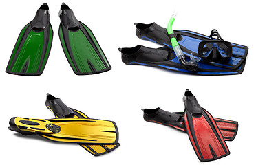 Image showing Set of multicolored swim fins, masks and snorkel for diving