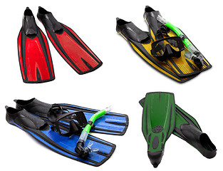 Image showing Set of multicolored flippers, mask, snorkel for diving with wate