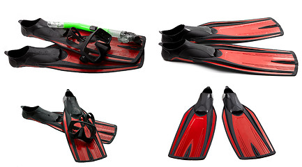 Image showing Set of red swim fins, mask and snorkel for diving