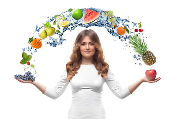 Image showing smiling woman with fruits isolated