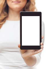 Image showing Woman hold tablet PC on white